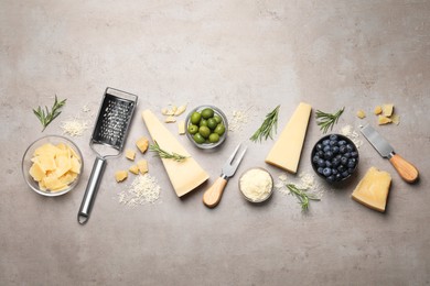 Photo of Flat lay composition with parmesan cheese on grey table