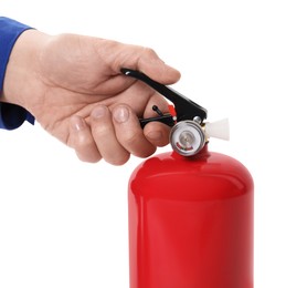 Photo of Man with fire extinguisher on white background, closeup