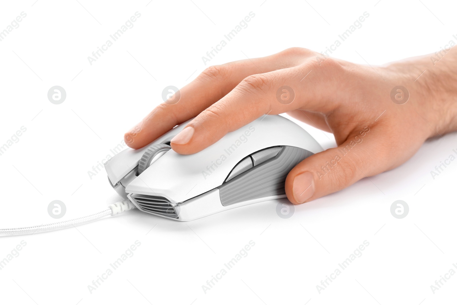 Photo of Man using computer mouse on white background