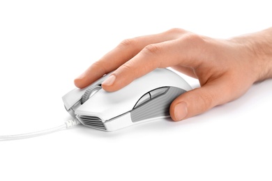 Photo of Man using computer mouse on white background