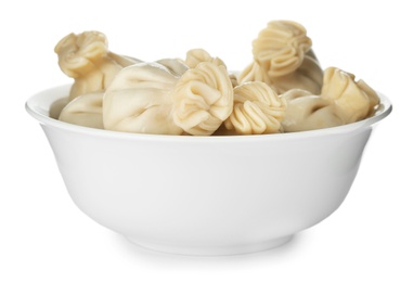 Photo of Bowl with tasty dumplings isolated on white