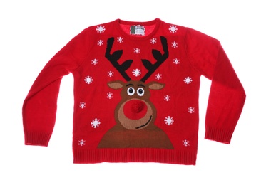 Photo of Warm Christmas sweater on white background. Seasonal clothing