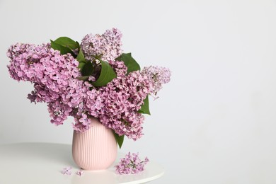 Beautiful lilac flowers in vase on white table. Space for text