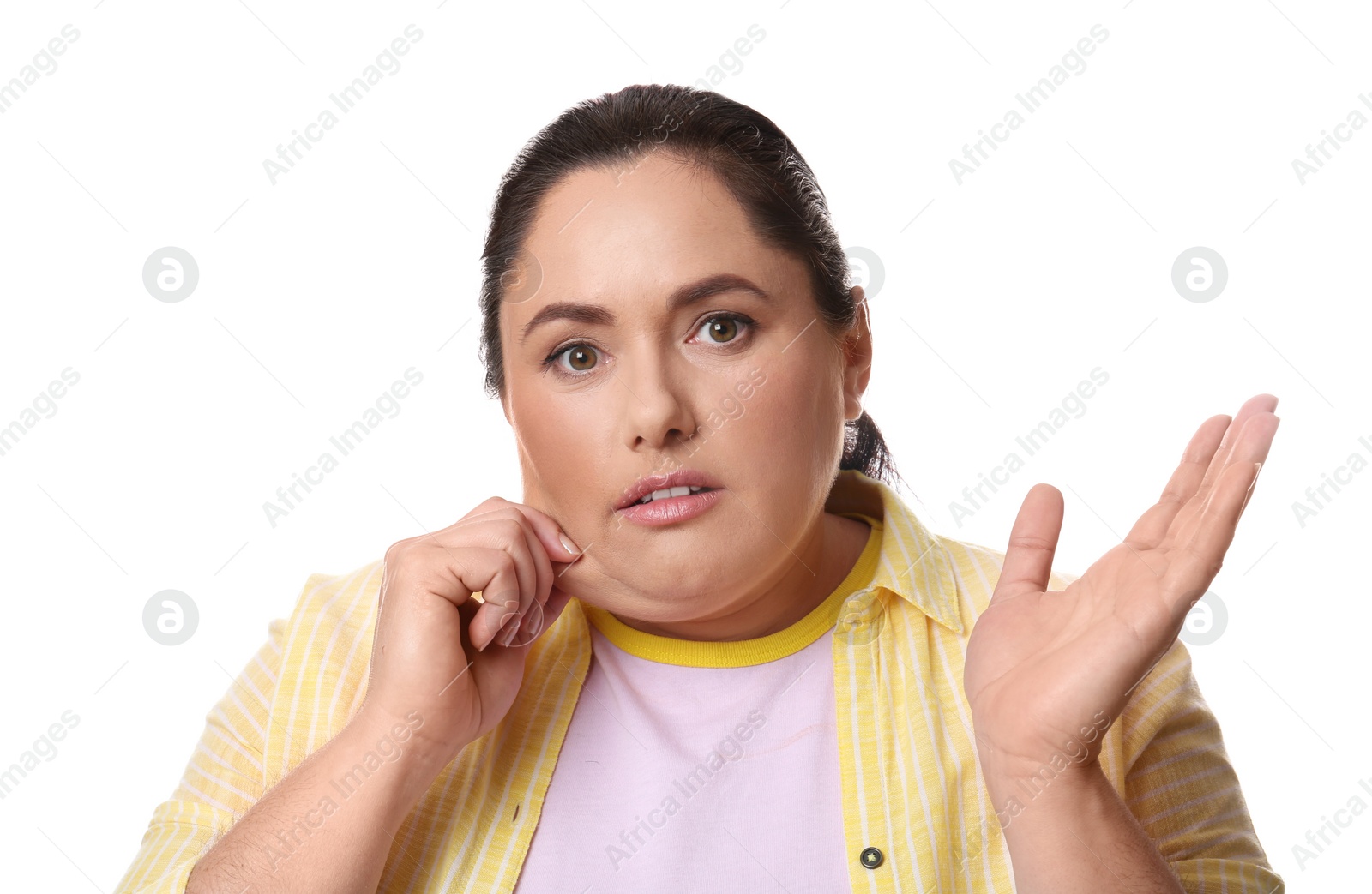 Photo of Emotional woman with double chin on white background