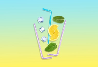 Creative lemonade layout with lemon slices, mint, ice cubes and straws on color background, top view