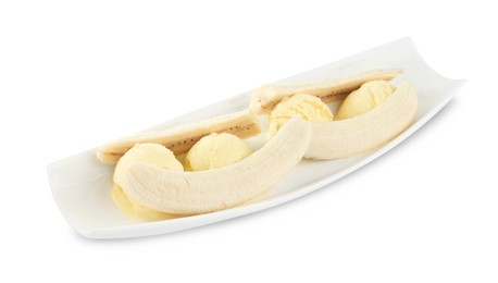 Photo of Delicious banana split ice cream portions isolated on white