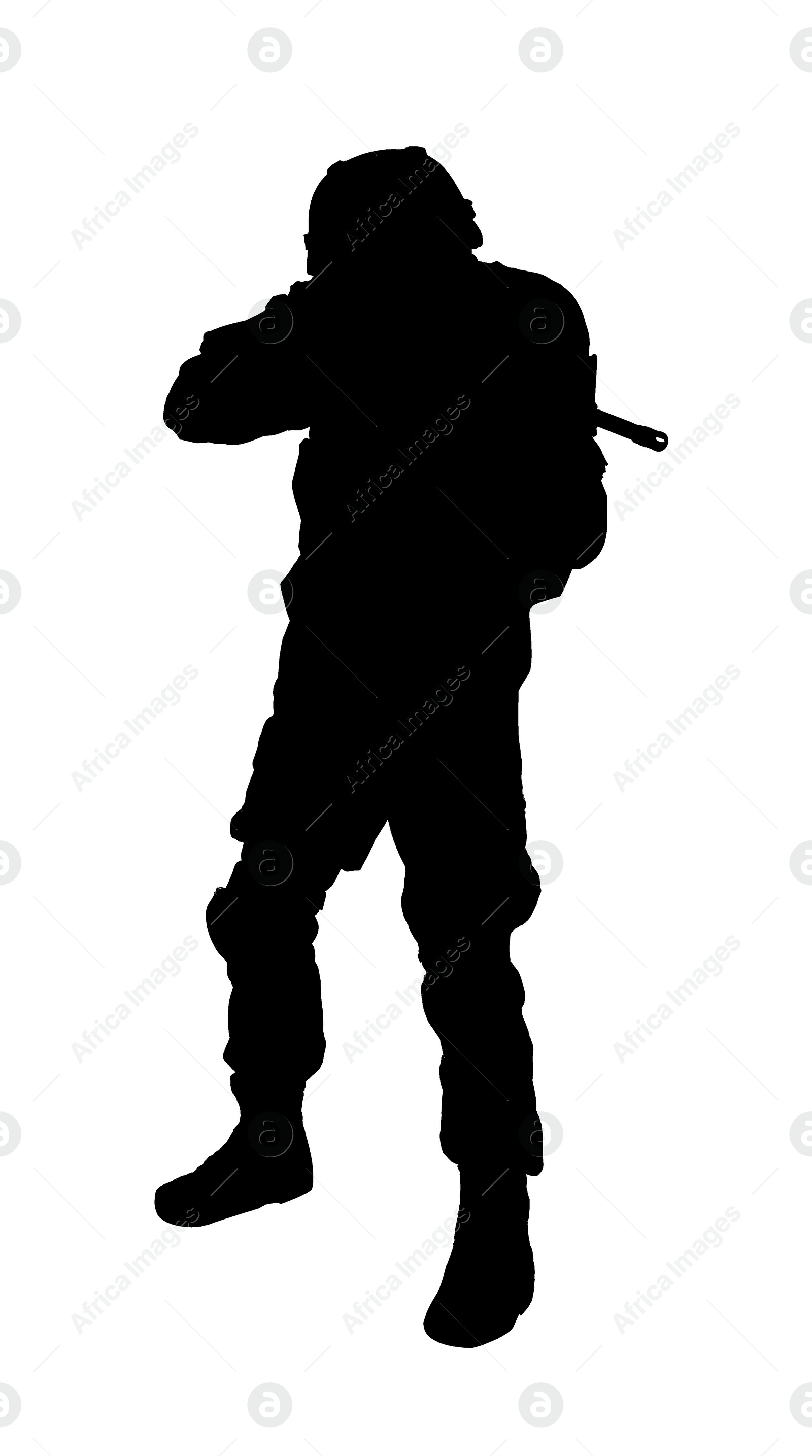 Image of Silhouette of soldier with assault rifle on white background. Military service