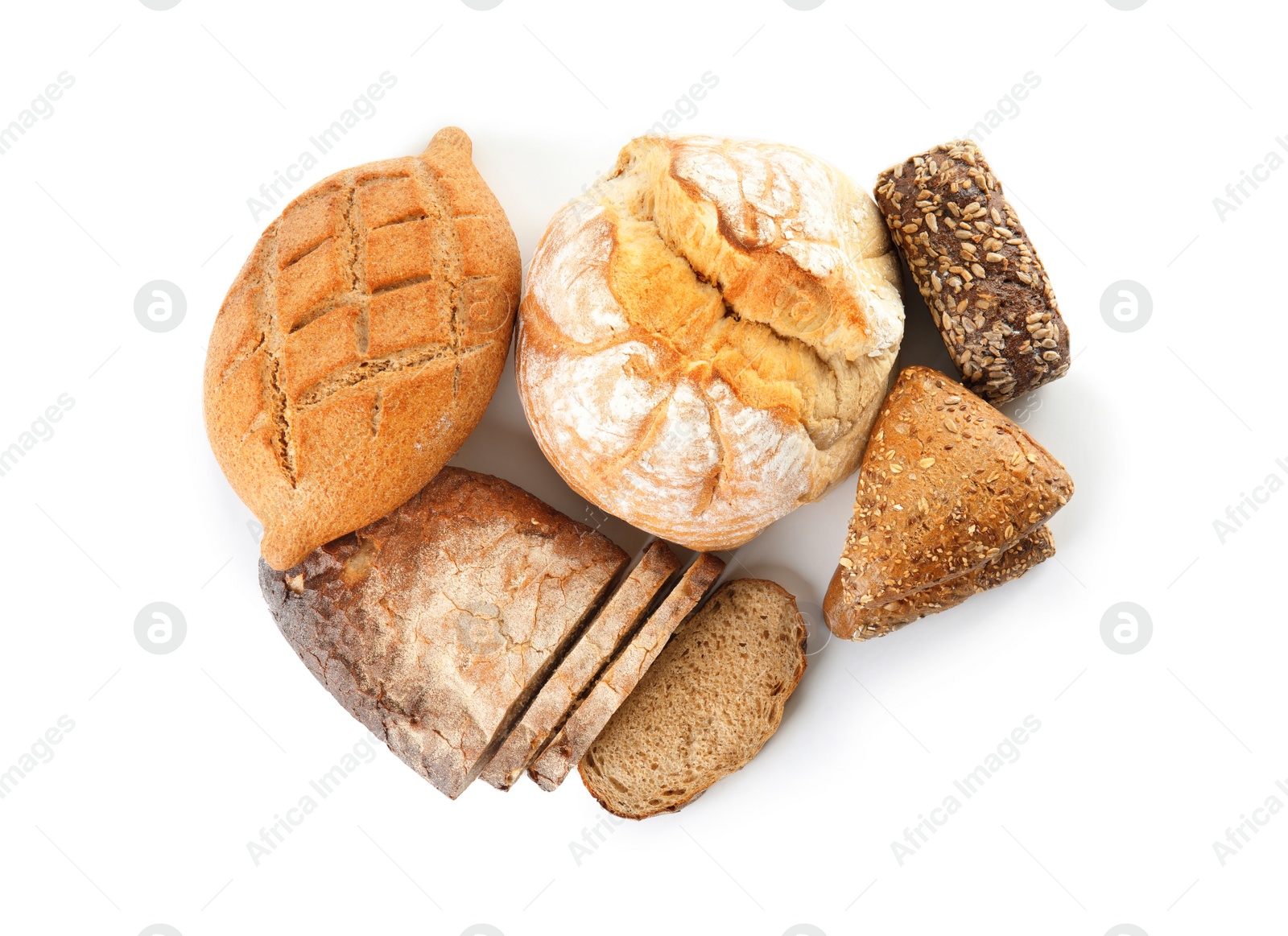 Photo of Different kinds of bread on white background, top view