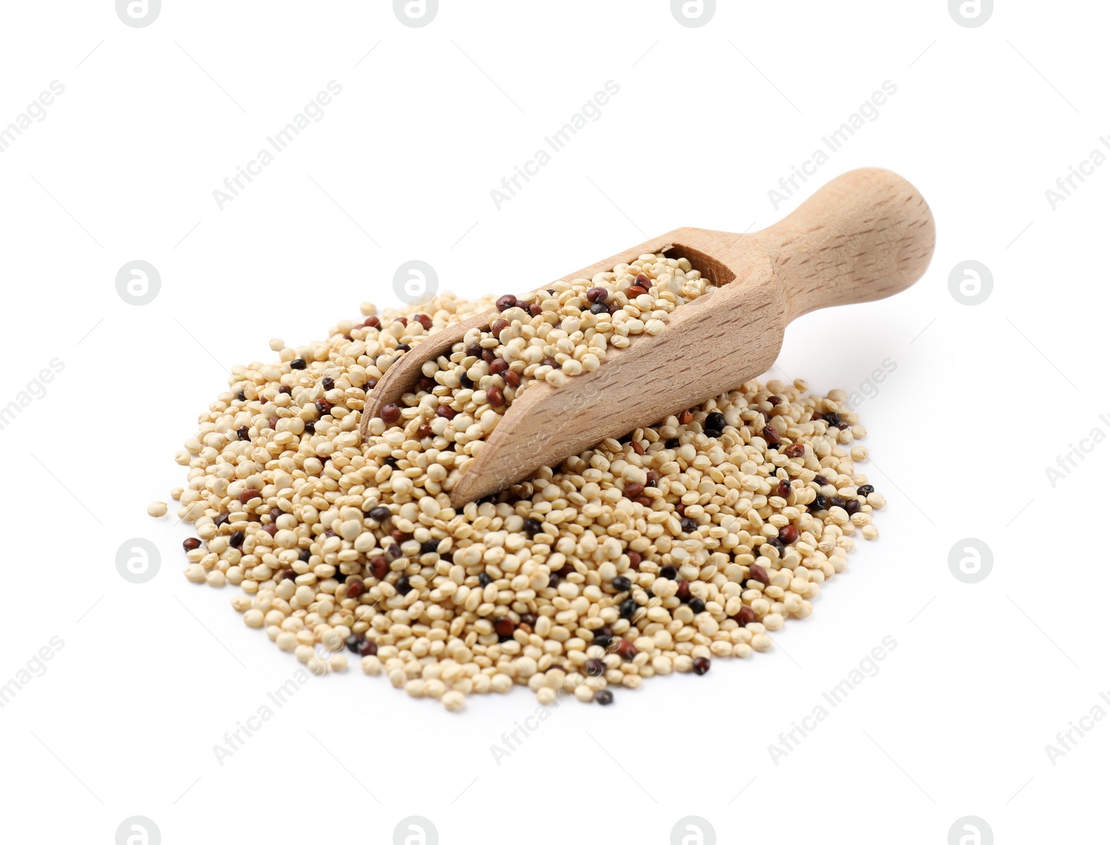 Photo of Scoop with raw quinoa seeds isolated on white