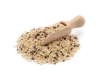 Photo of Scoop with raw quinoa seeds isolated on white