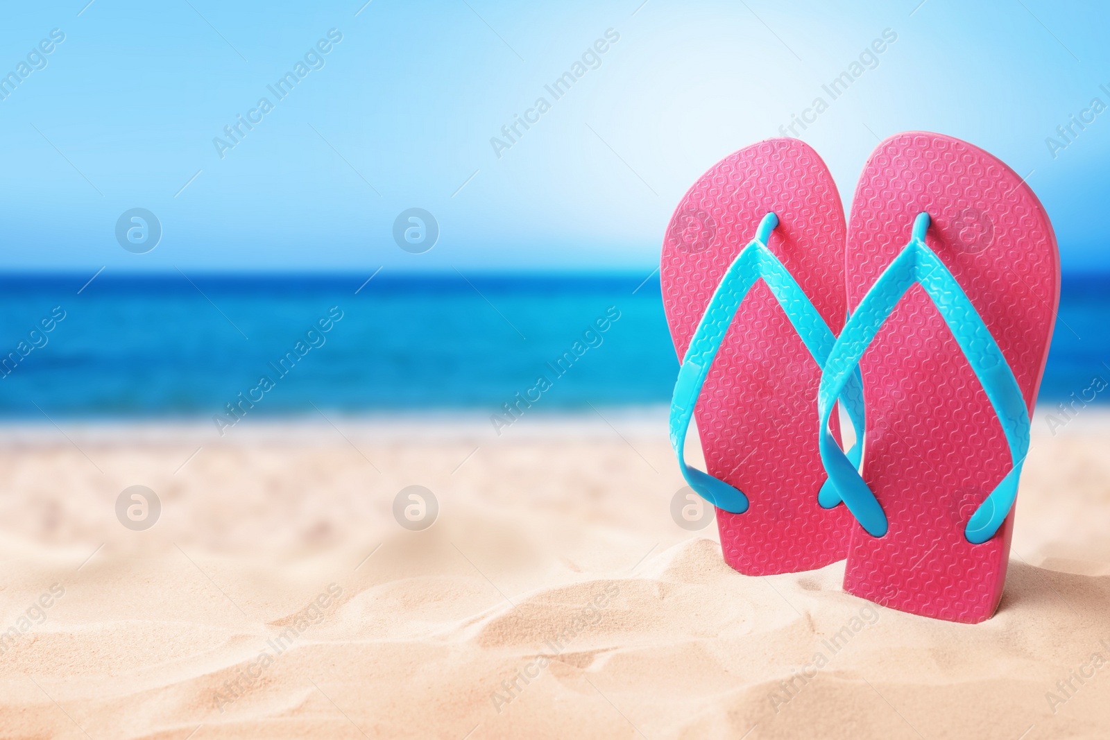 Image of Pink flip flops in sand on sandy beach near sea. Space for text 