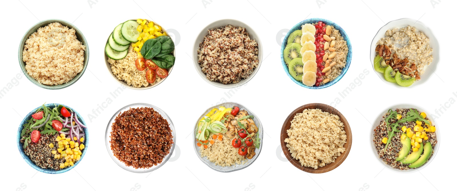 Image of Set of different healthy dishes with quinoa on white background, top view. Banner design 