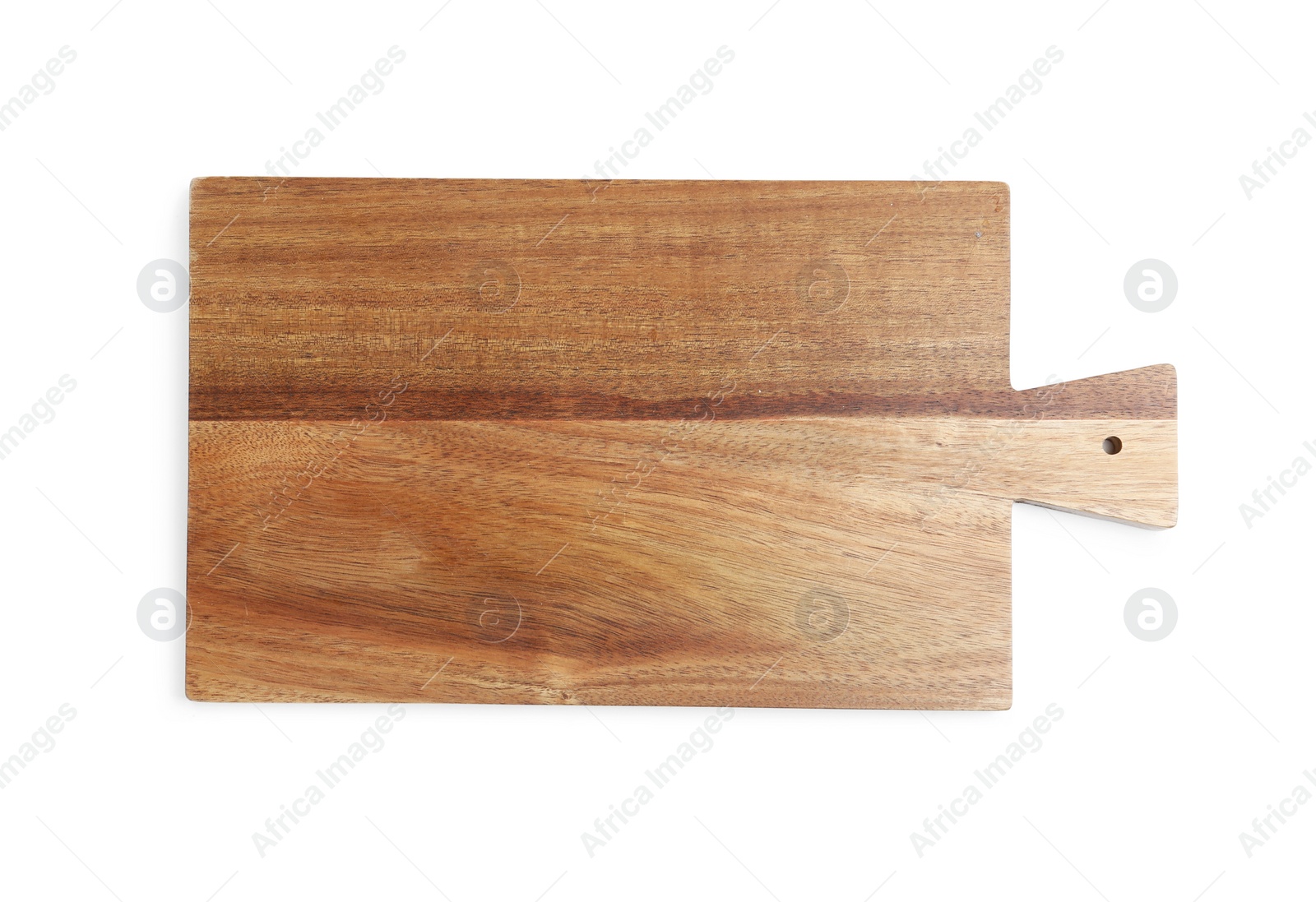 Photo of Wooden board isolated on white, top view. Cooking utensil