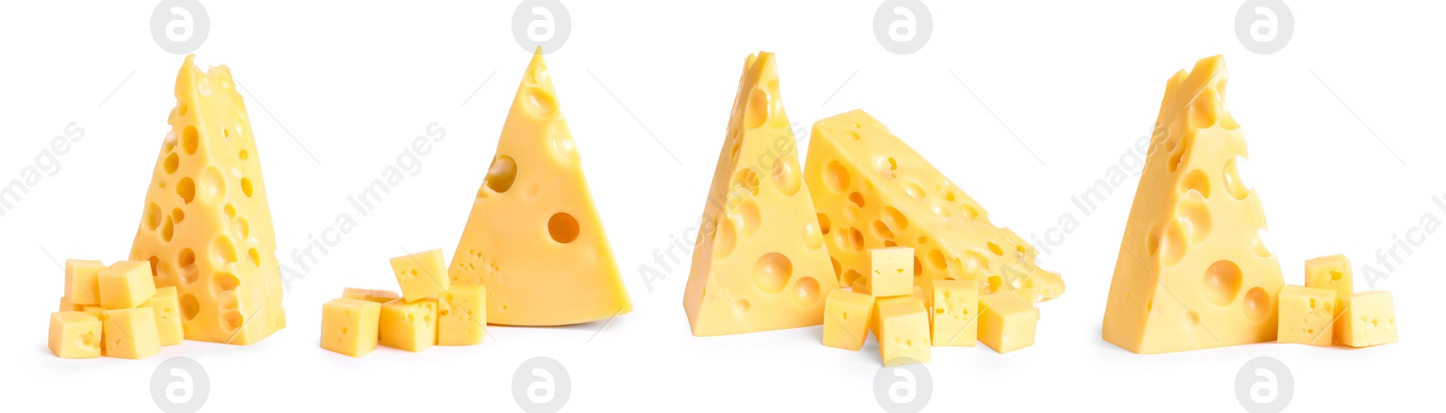 Image of Set with pieces of delicious cheese on white background. Banner design