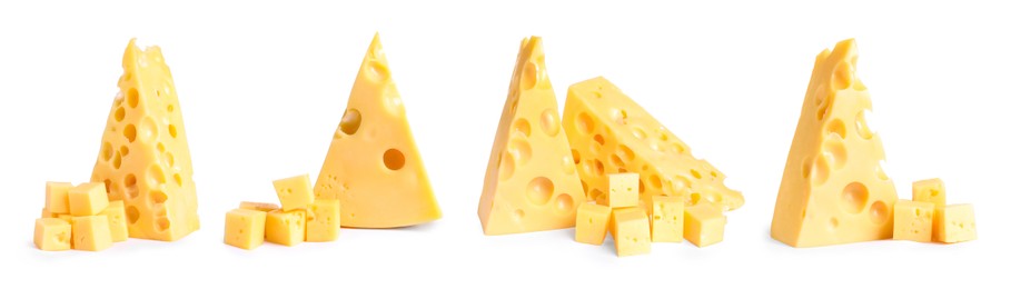 Image of Set with pieces of delicious cheese on white background. Banner design