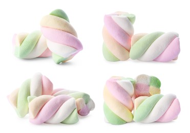 Set with tasty colorful marshmallows on white background