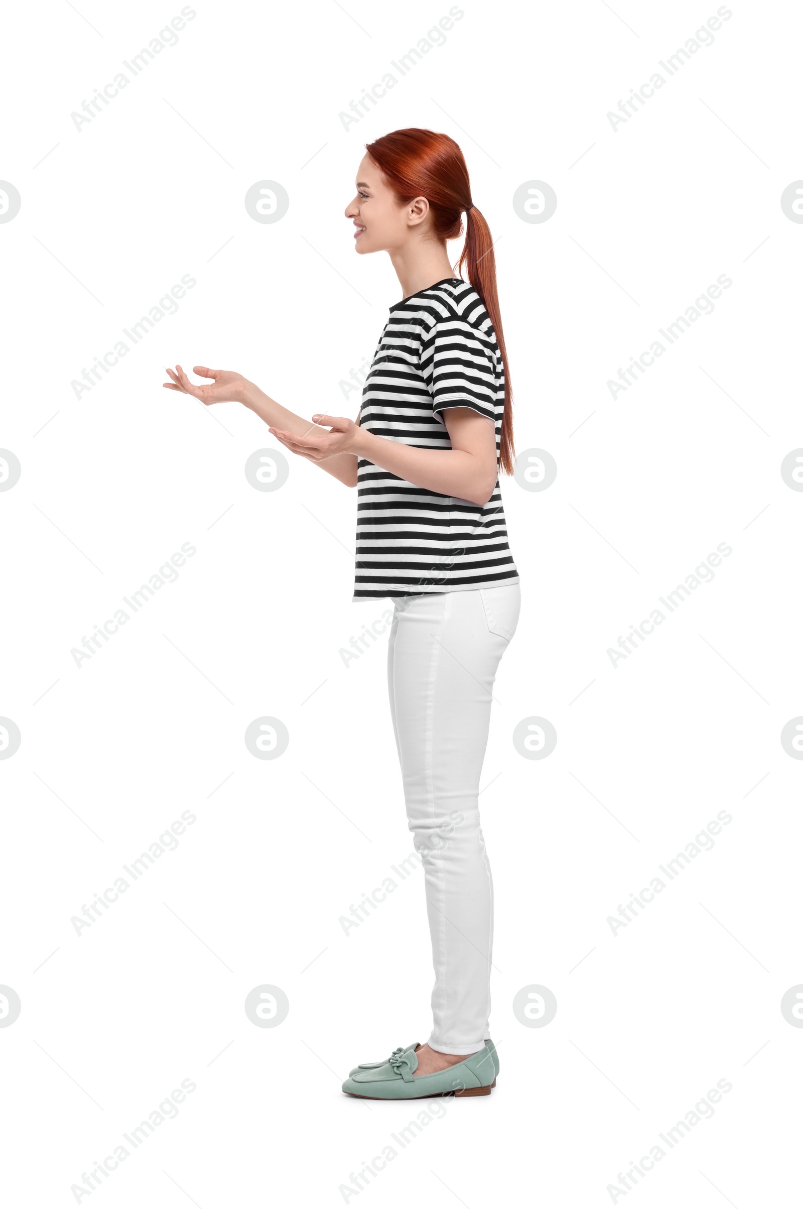 Photo of Portrait of happy woman on white background