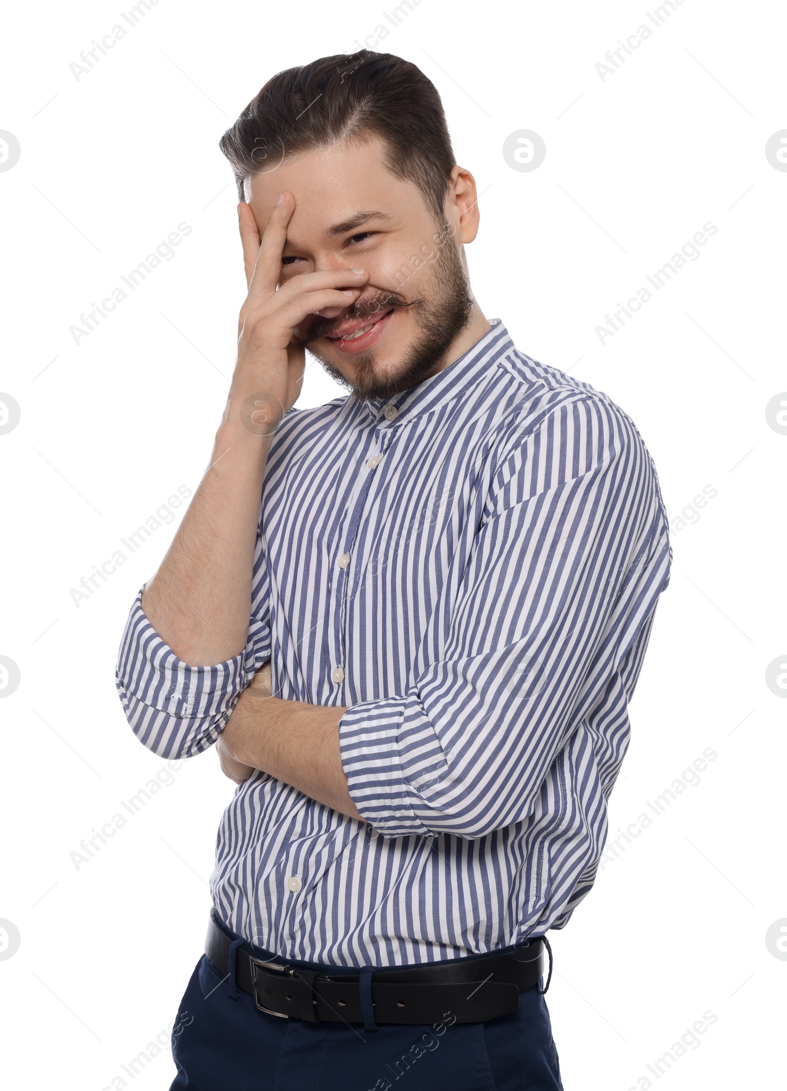 Photo of Embarrassed man covering face with hand on white background