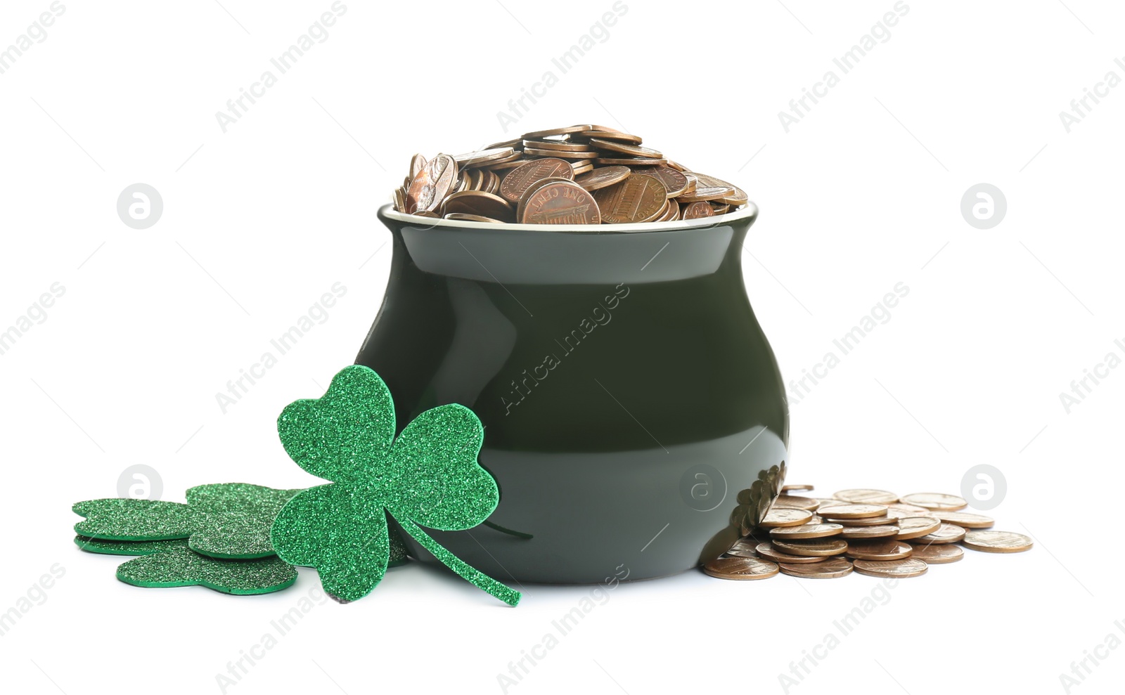 Photo of Pot of gold coins and clover on white background. St. Patrick's Day celebration