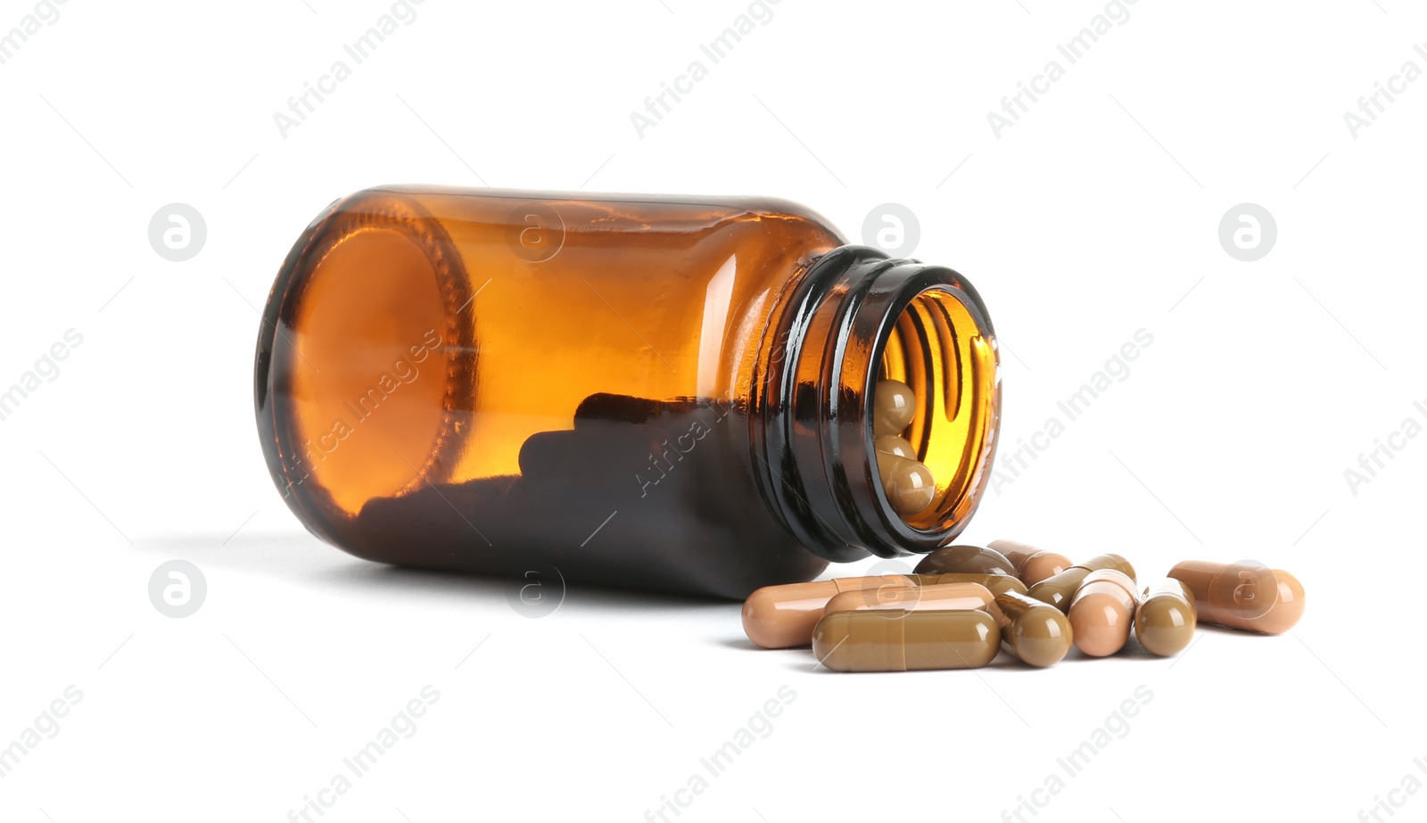 Photo of Bottle with vitamin capsules on white background