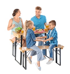 Photo of Happy family having picnic at table on white background