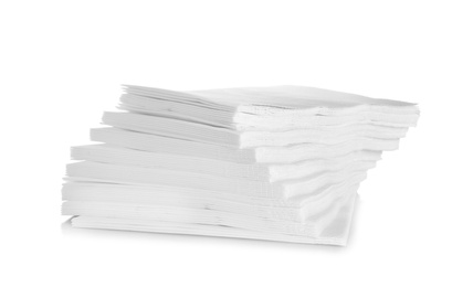 Stack of clean paper napkins on white background