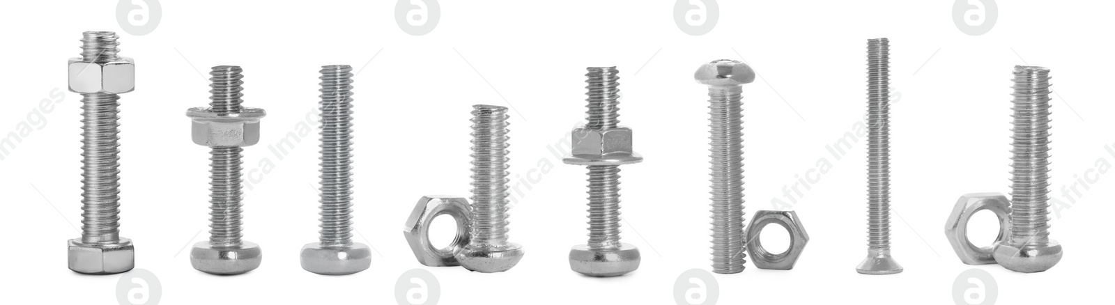 Image of Set with metal bolts and nuts on white background. Banner design