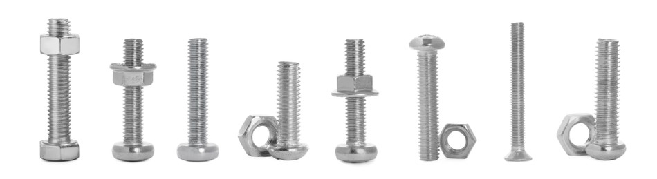 Set with metal bolts and nuts on white background. Banner design