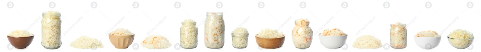 Image of Set of tasty fermented cabbage isolated on white. Banner design