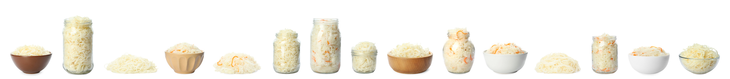 Image of Set of tasty fermented cabbage isolated on white. Banner design