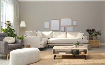 Beautiful living room interior with comfortable sofa