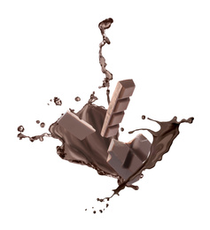 Yummy melted chocolate and falling pieces on white background