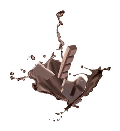 Image of Yummy melted chocolate and falling pieces on white background