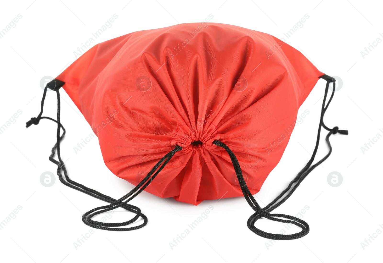 Photo of One red drawstring bag isolated on white