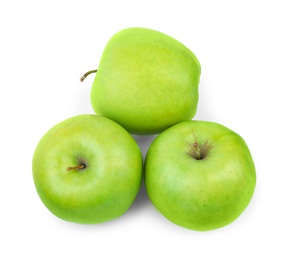 Photo of Fresh ripe green apples on white background, top view