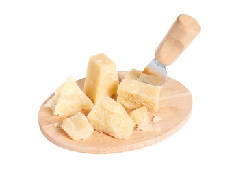 Photo of Parmesan cheese with knife and wooden board on white background