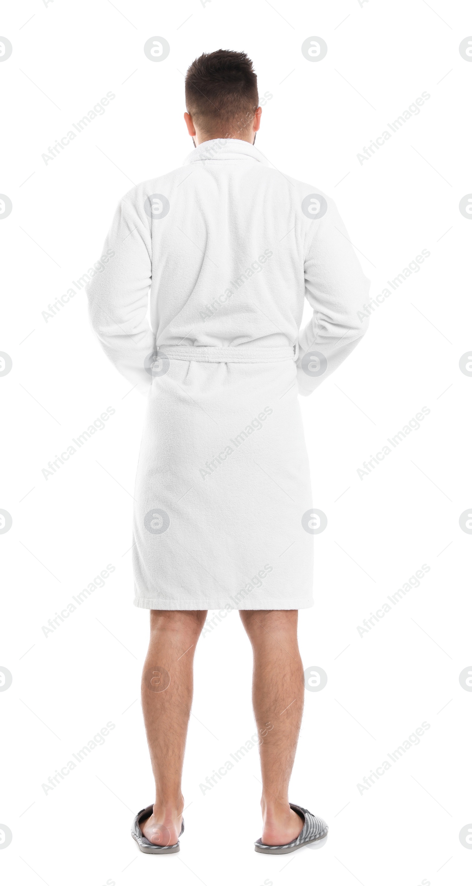 Photo of Man wearing bathrobe on white background, back view
