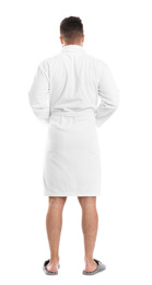 Man wearing bathrobe on white background, back view