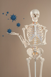 Image of Artificial human skeleton and virus on beige background