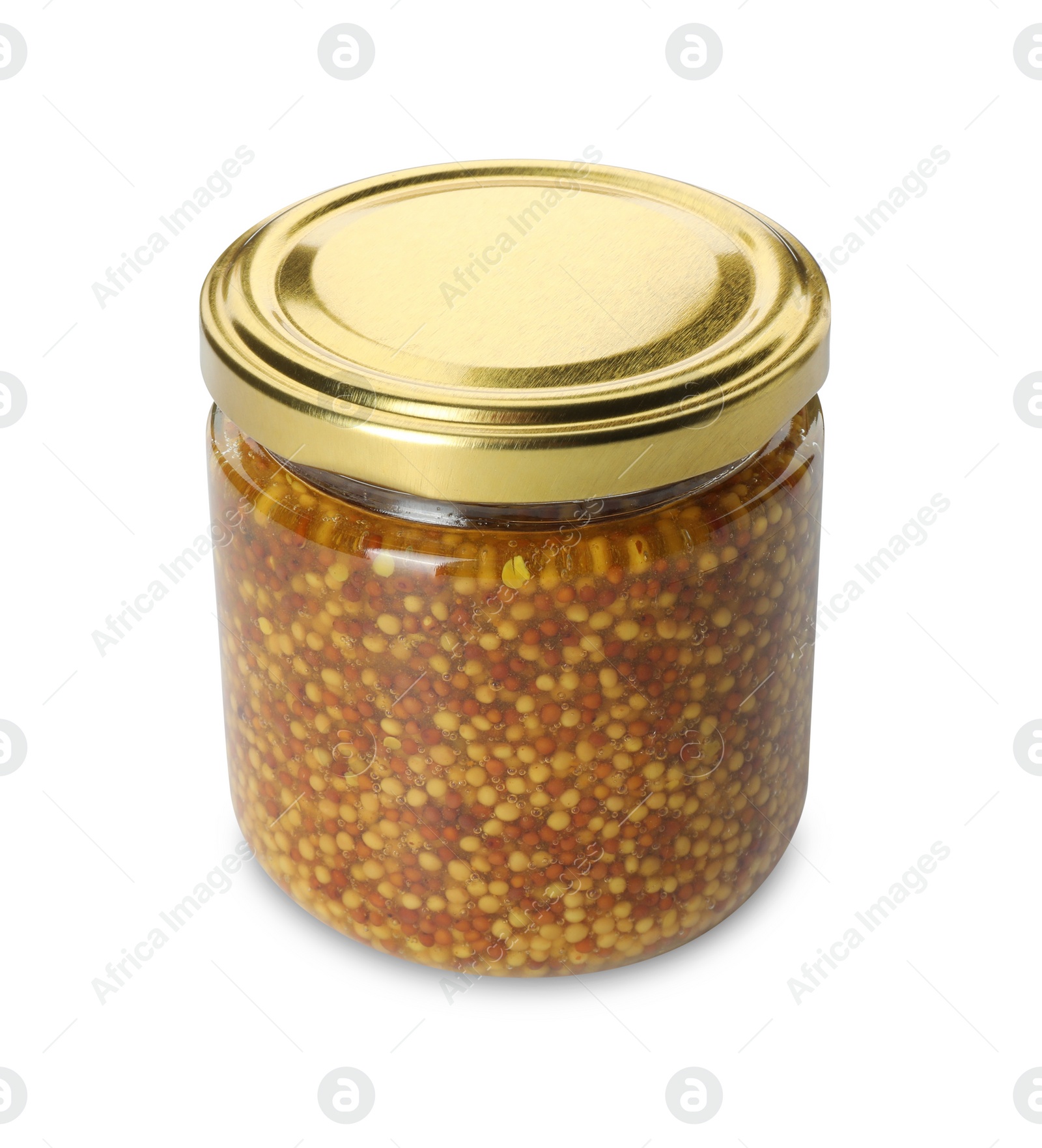 Photo of Fresh whole grain mustard in jar isolated on white