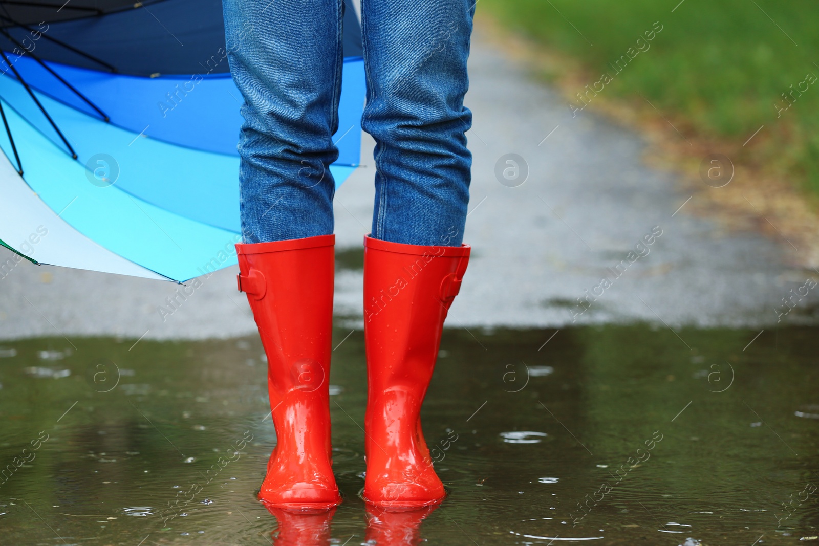 Photo of Woman with umbrella and rubber boots in puddle, closeup. Rainy weather