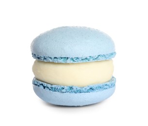 Photo of Light blue macaron on white background. Delicious dessert