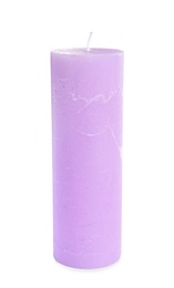 Photo of Decorative lilac wax candle on white background