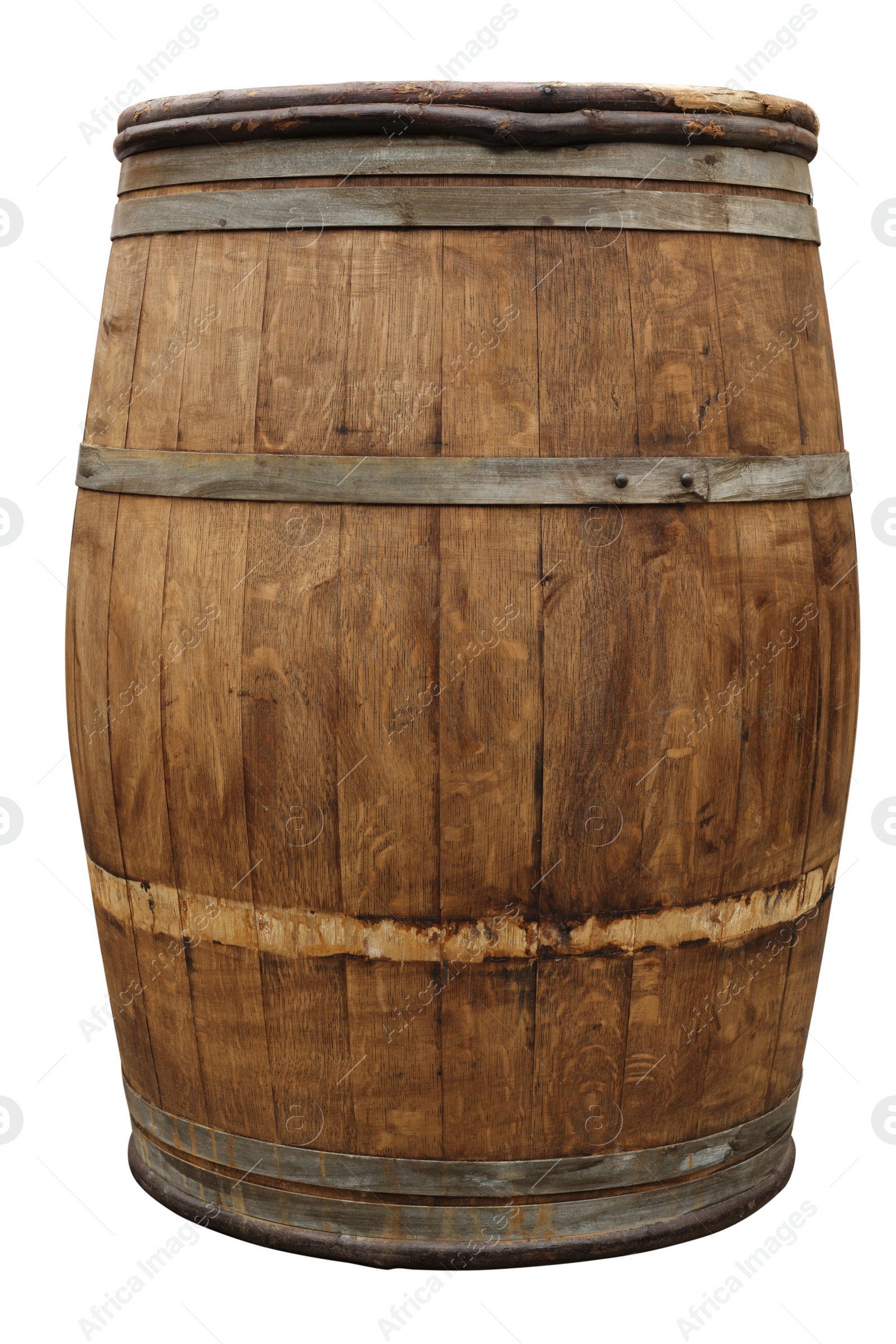 Image of One wooden barrel with metal hoops isolated on white