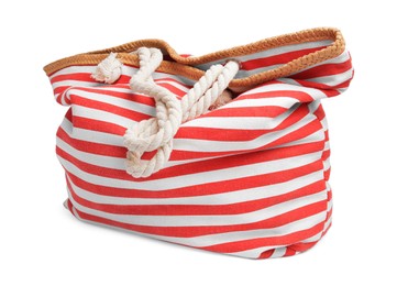 Photo of Stylish red striped bag isolated on white. Beach object
