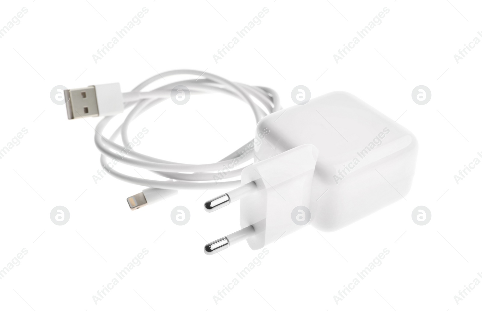 Photo of USB charger isolated on white. Modern technology