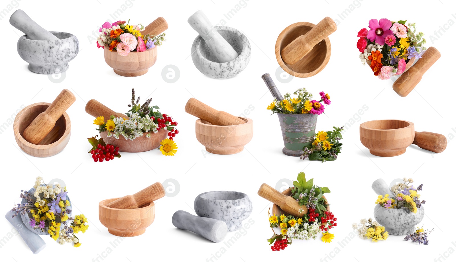 Image of Mortars with flowers and herbs on white background, collage design