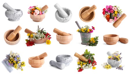 Image of Mortars with flowers and herbs on white background, collage design