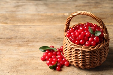 Photo of Ripe fresh cranberry in wicker basket on wooden table. Space for text