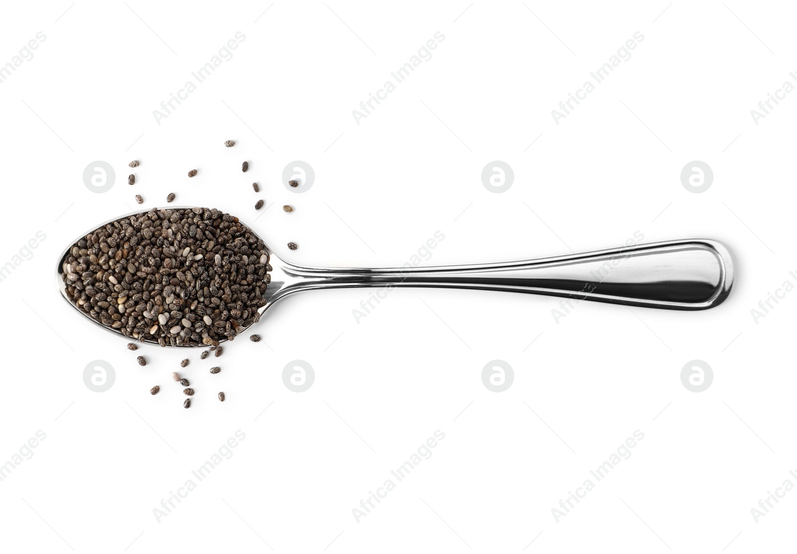 Photo of Spoon with chia seeds on white background, top view